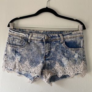Distressed Denim Lace Shorts